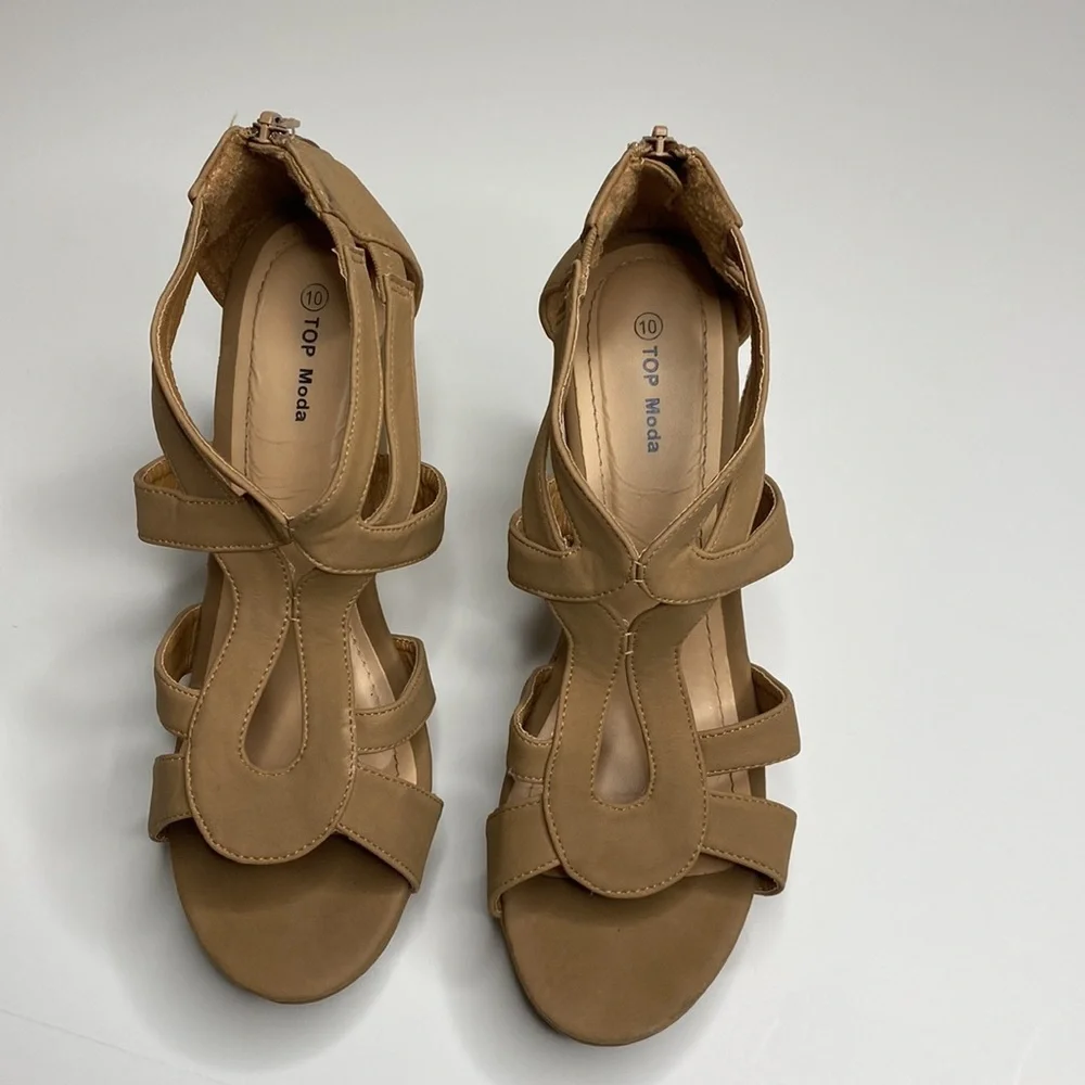 Top Moda Tan Strappy Wedge Sandals With Zipper Back For Women Size‎ 10